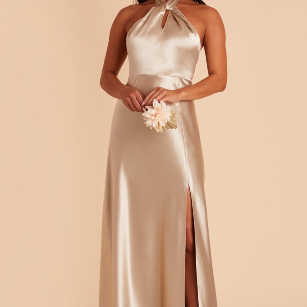 Birdy Grey Elegant Satin Halter Dress in Champagne